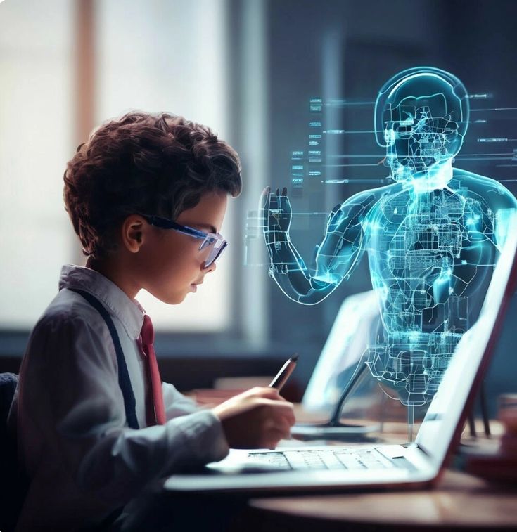 Élève utilisant un ordinateur avec un assistant IA holographique.